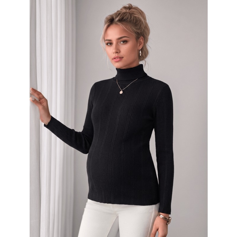 Maternity Wear - Maternity turtleneck black long-sleeve sweater top,