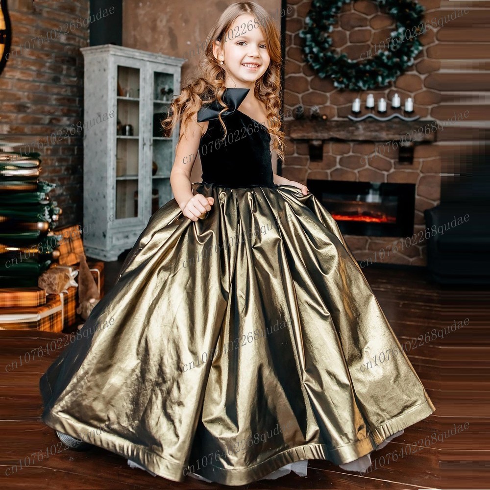 Toddler Girl Tulle Party Dress - New Black And Gold Satin Flower