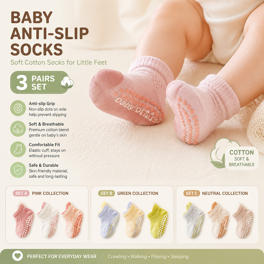 Baby Anti Slip Socks 3 Pairs S - Unisex Baby Socks Non Slip 评论和价格